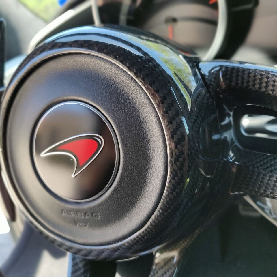 McLaren Carbon Fiber Steering Wheel Center Cover – Glossy UV Finish | Fits MP4-12C 650S 675LT 570S 600LT 720S 765LT P1 Senna | Show Use Only