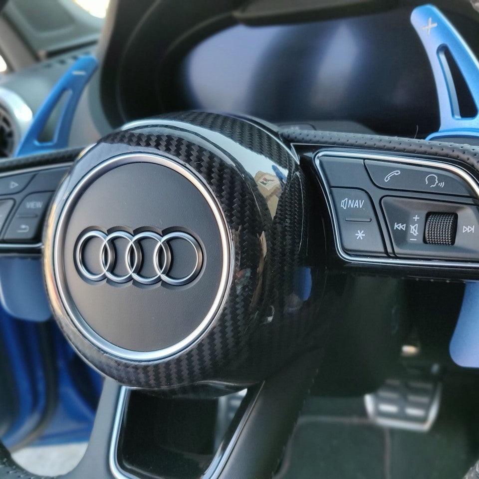 Audi S-Line Carbon Fiber Steering Wheel Cover – Glossy UV Finish | Fits A3 A4 A5 RS5 TT R8 2017–2020 | Show & Off-Road Use Only