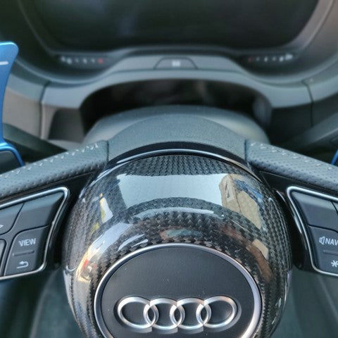 Audi S-Line Carbon Fiber Steering Wheel Cover – Glossy UV Finish | Fits A3 A4 A5 RS5 TT R8 2017–2020 | Show & Off-Road Use Only