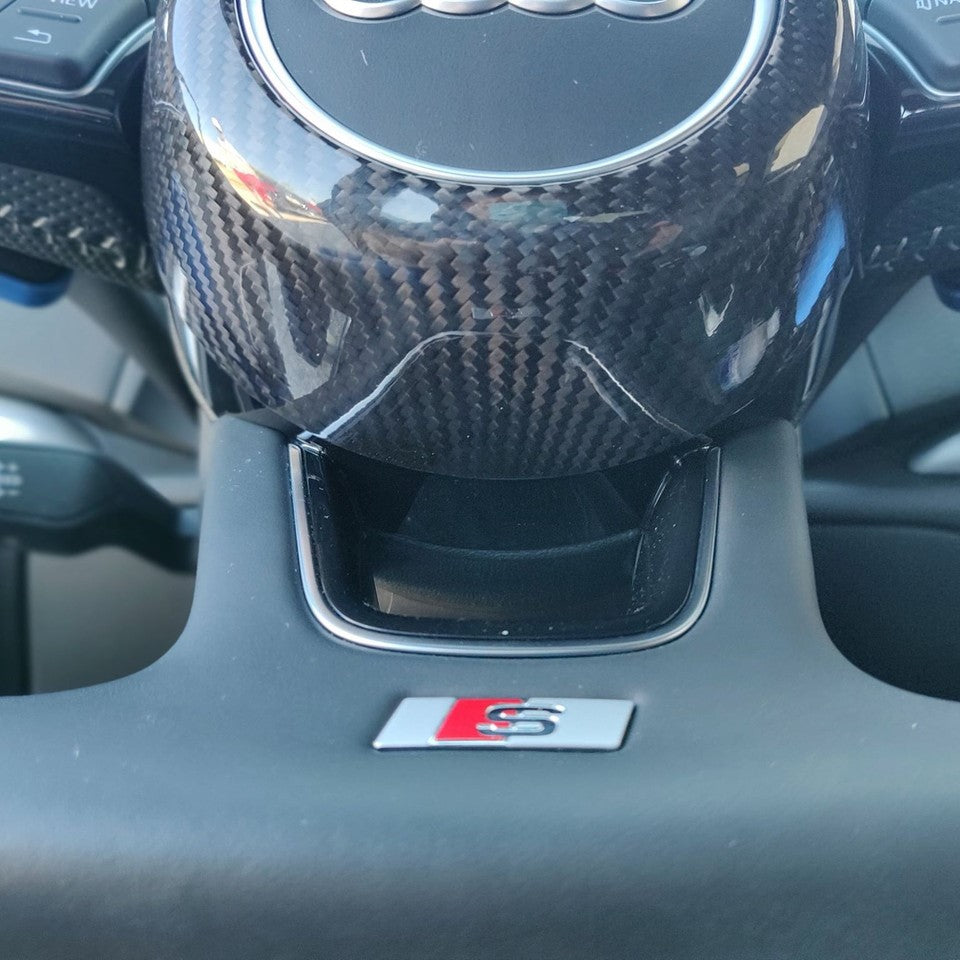 Audi S-Line Carbon Fiber Steering Wheel Cover – Glossy UV Finish | Fits A3 A4 A5 RS5 TT R8 2017–2020 | Show & Off-Road Use Only