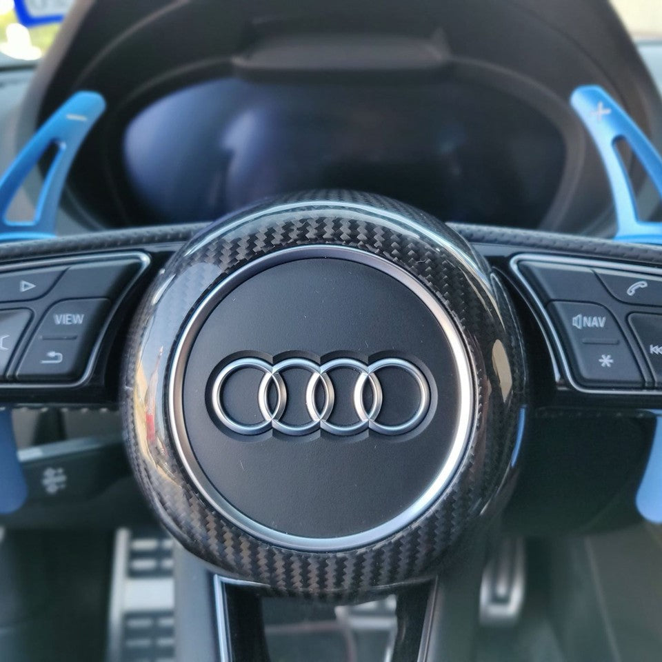 Audi S-Line Carbon Fiber Steering Wheel Cover – Glossy UV Finish | Fits A3 A4 A5 RS5 TT R8 2017–2020 | Show & Off-Road Use Only