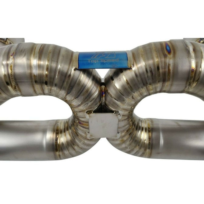 TOP SPEED PRO-1 Full Titanium Track-Spec X-Pipe Exhaust System with Valves for Ferrari F8 Tributo Coupe & Spider (2020–2022) – 76mm Piping | Dual 114mm Tips | Factory Valve Compatible