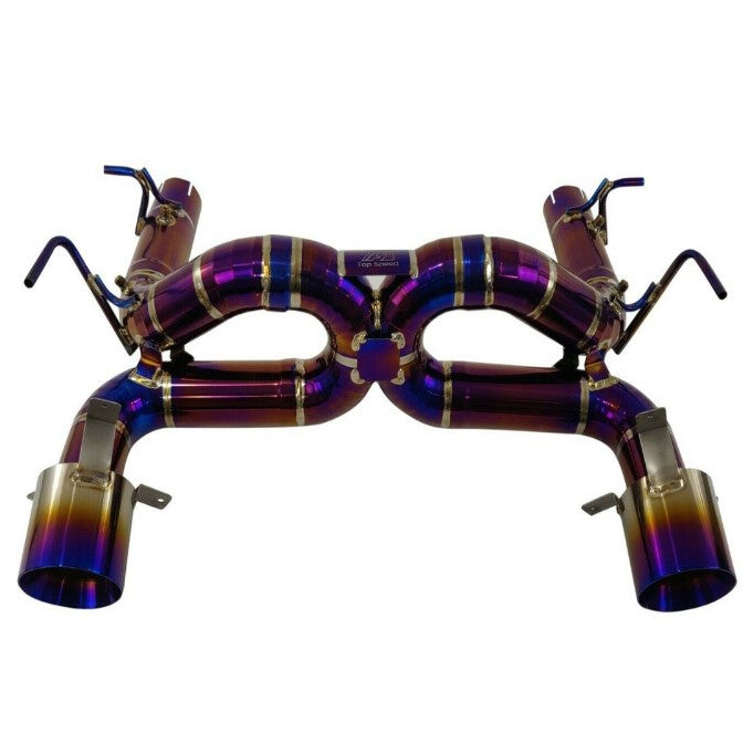 TOP SPEED PRO-1 Full Titanium Track-Spec Straight X-Pipe Exhaust System for Ferrari F8 Tributo Coupe & Spider (2020–2022) – Non-Valved | 76mm Piping | Dual 114mm Burnt Tips