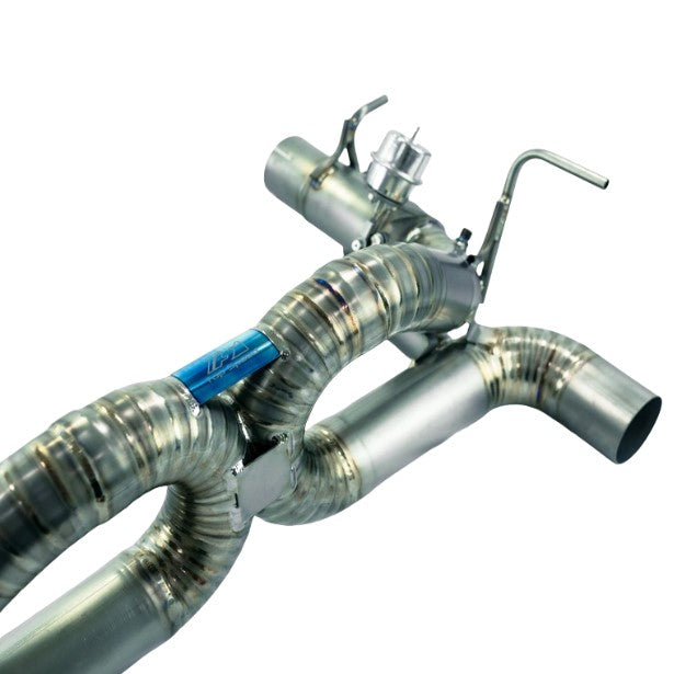 TOP SPEED PRO-1 Full Titanium Track-Spec X-Pipe Exhaust System with Valves for Ferrari F8 Tributo Coupe & Spider (2020–2022) – 76mm Piping | Dual 114mm Tips | Factory Valve Compatible