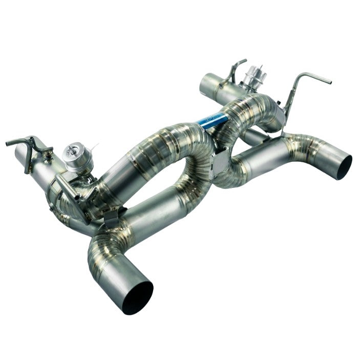 TOP SPEED PRO-1 Full Titanium Track-Spec X-Pipe Exhaust System with Valves for Ferrari F8 Tributo Coupe & Spider (2020–2022) – 76mm Piping | Dual 114mm Tips | Factory Valve Compatible