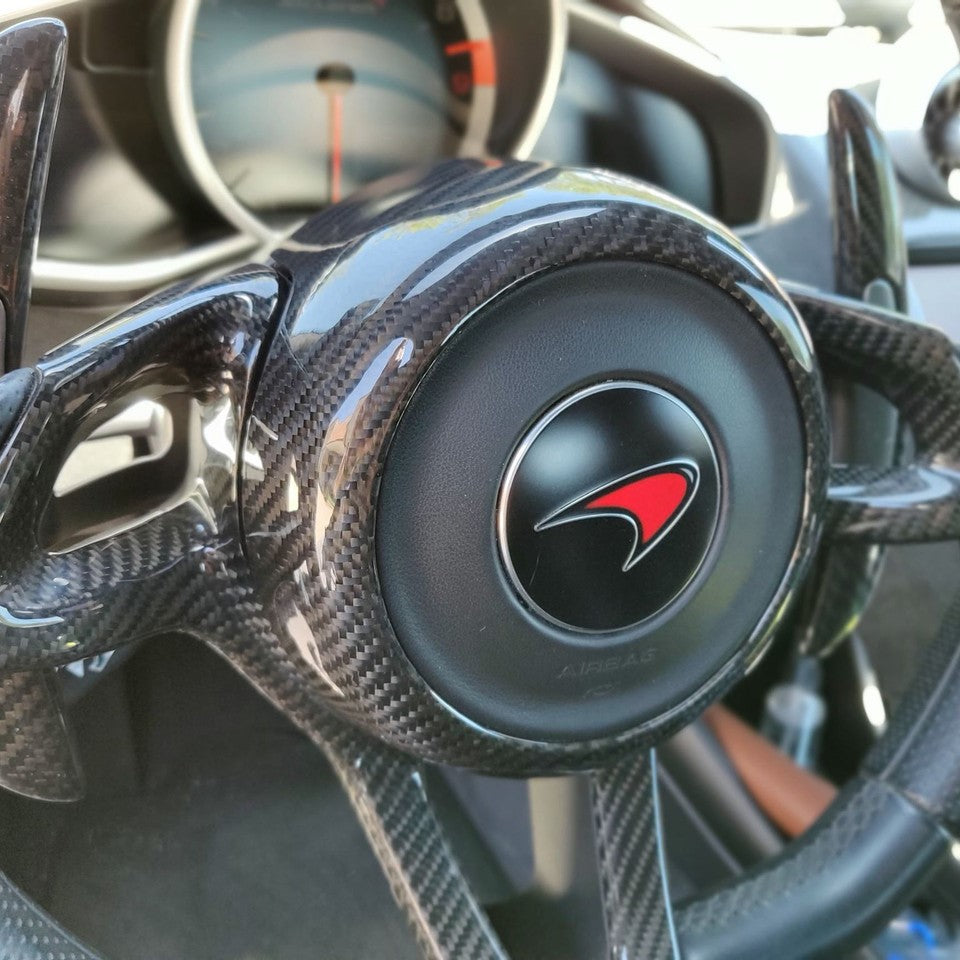 McLaren Carbon Fiber Steering Wheel Center Cover – Glossy UV Finish | Fits MP4-12C 650S 675LT 570S 600LT 720S 765LT P1 Senna | Show Use Only